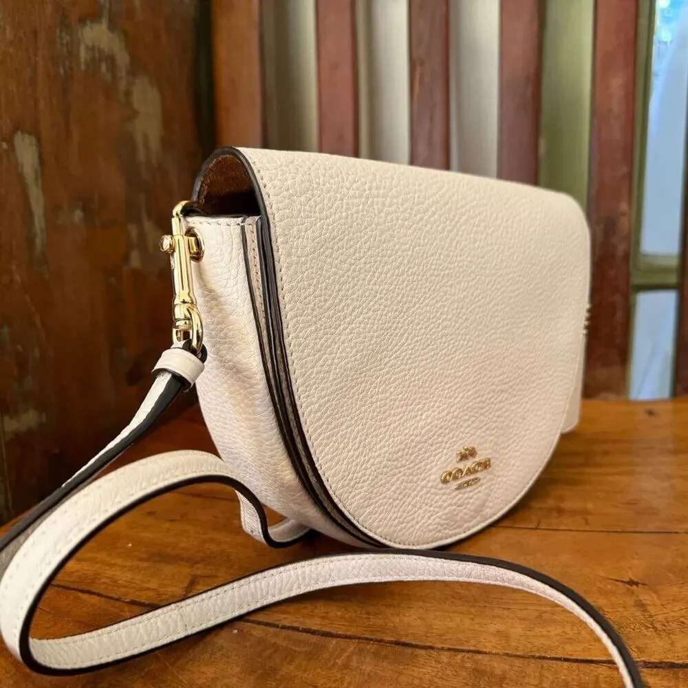 Coach Pebbled Leather Half Moon Saddle Crossbody Bag Chalk Cream Gold Hardware